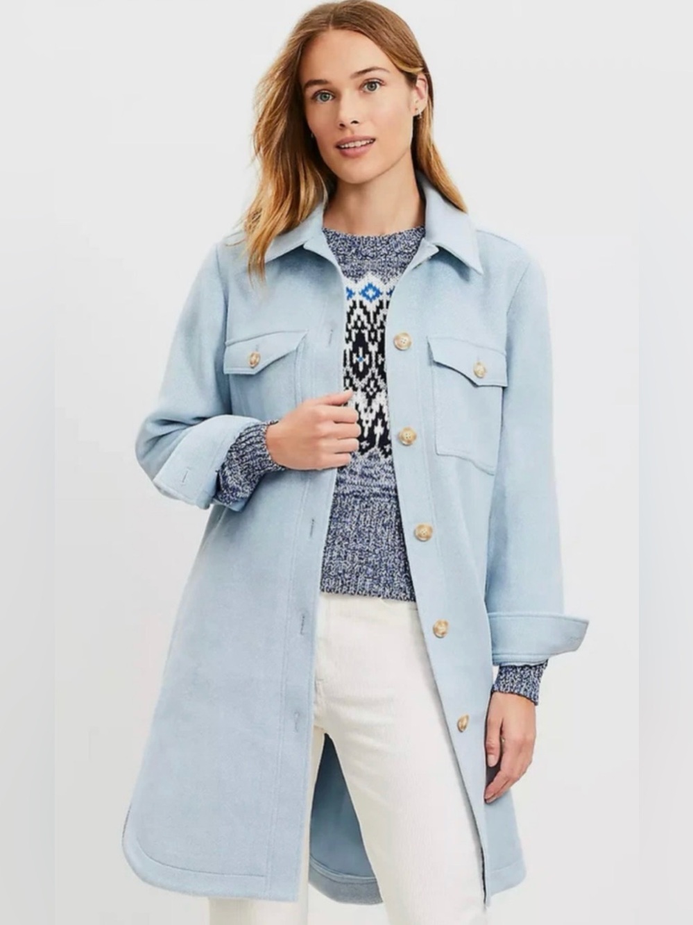 NEW ANN TAYLOR LOFT SKY BLUE TWILL LONG SHIRT JACKET SZ S